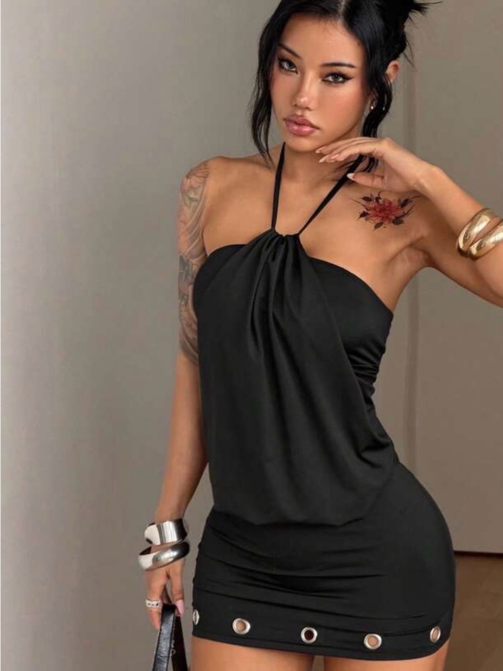 Sleek Black Halter Mini Dress